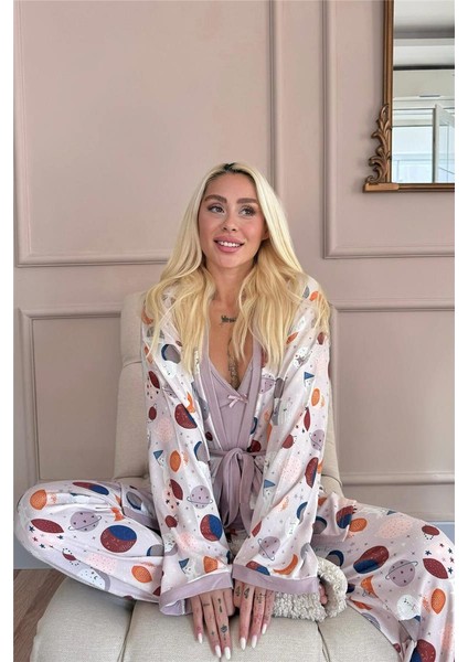 Mor Aydede Desenli Termal Sabahlıklı Kadın Pijama Takımı modelleri