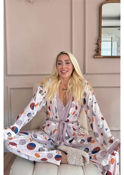 Mor Aydede Desenli Termal Sabahlıklı Kadın Pijama Takımı fırsatları