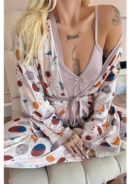 Mor Aydede Desenli Termal Sabahlıklı Kadın Pijama Takımı indirimleri