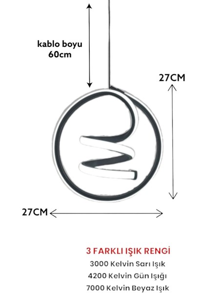 3 Renk Modern Sarkıt LED Avize Siyah Kasa