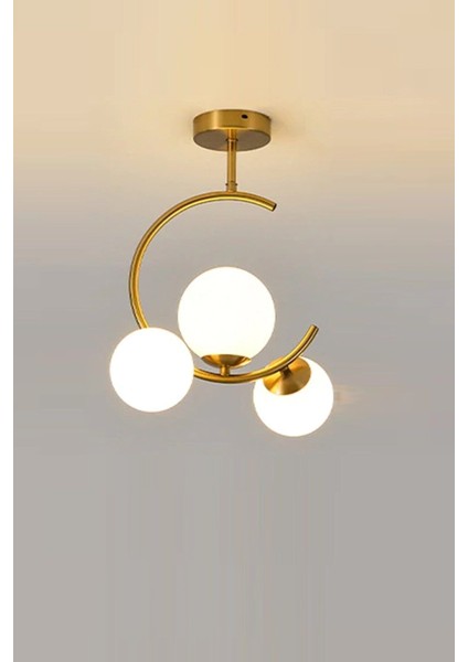 Hilal C Model Modern Spor Glop Beyaz Camlı Gold 3lü Plafonyer Avize