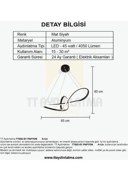 TT002-SY Papyon Modeli ( Sarı Işık LED ) Mat Siyah LED Avize modelleri