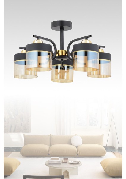 Fırat 5 Li Modern Plf (Siyah Gold) Bal Camlı Salon Mutfak Yatak Odası Genç Odası Avize
