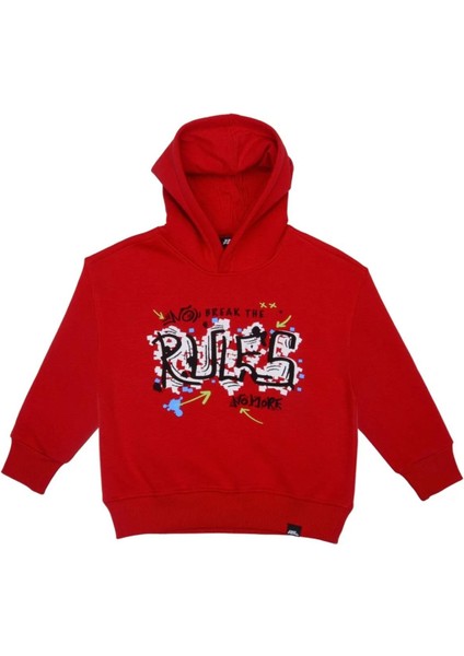 Erkek Çocuk Baskılı Şardonlu Kapişonlu Sweatshirt - Kırmızı