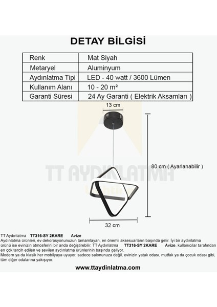 TT316-SY 2kare Modeli Mat Siyah ( 3 Renk Işık Modüllü ) LED Avize