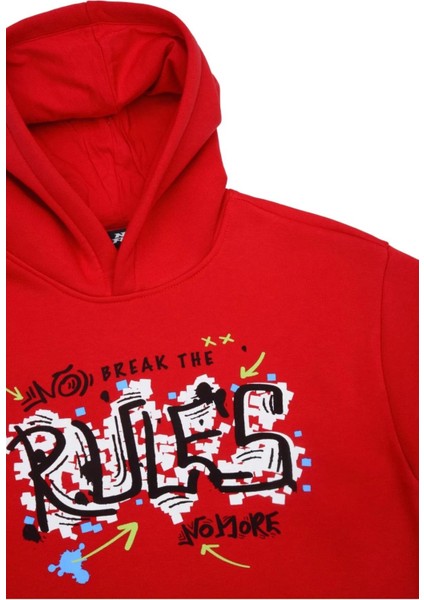 Erkek Çocuk Baskılı Şardonlu Kapişonlu Sweatshirt - Kırmızı