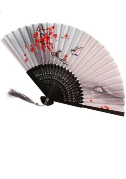 - Gri Kırmızı Kiraz Çiçeği Desenli Şık Yelpaze Özel Hediye Kutusu Ile