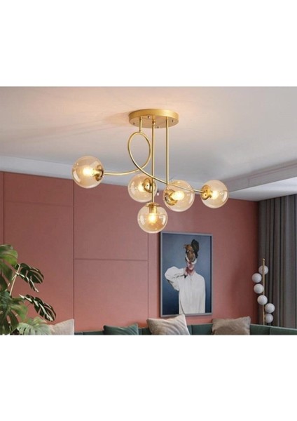 Jade Lüks Modern Eskitme Renk Gövde Bal Camlı Salon - Mutfak - Yatak Odası 5 Li Avize