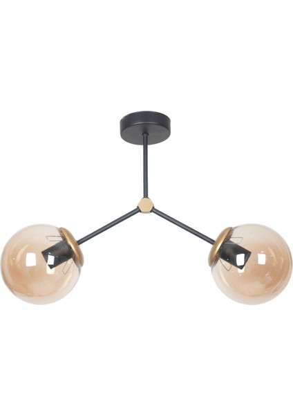 Focus Modern Tasarım Salon - Mutfak - Cafe - Hol - Yatak Odası Siyah Gold Renk Bal Camlı 2 Li Avize