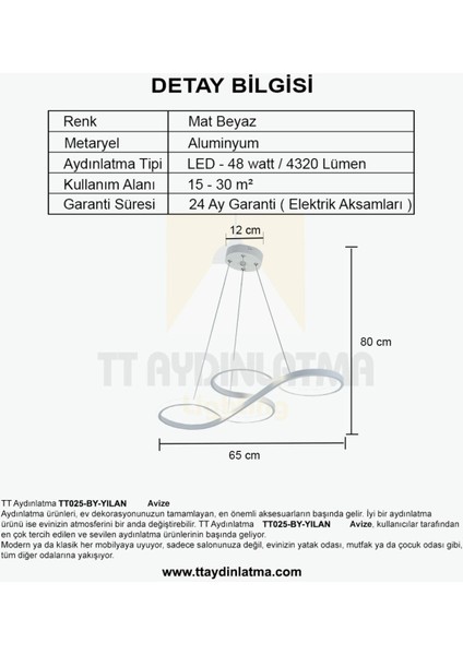 TT025-BY Yılan Modeli Mat Beyaz ( Gün Işığı ) LED Avize modelleri