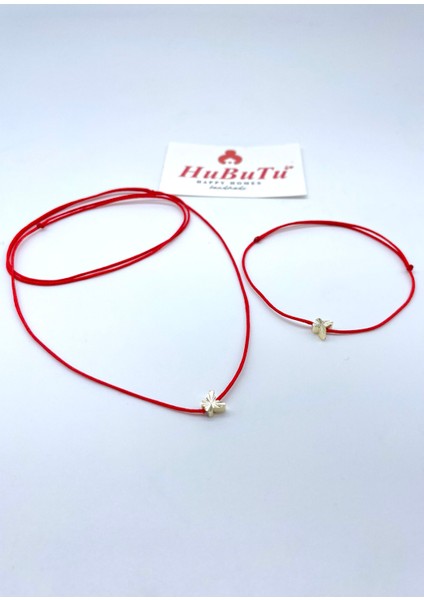 Minimal Kelebek Kırmızı Ip Bileklik ve Kolye Seti