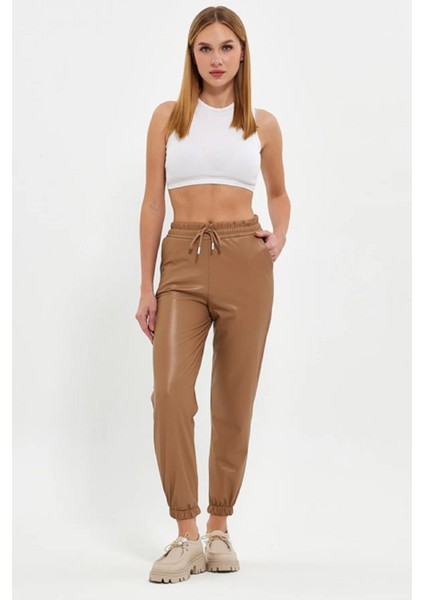 Paça ve Beli Lastikli Içi Şardonlu Bağcıklı Deri Tayt