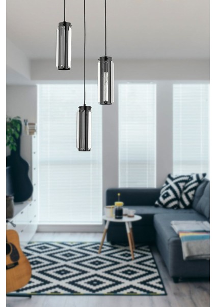 Natali 3 Lü Siyah Kristalli, Taşlı Modern Tasarım Kristal Salon Sarkıt Avize