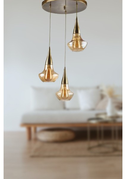 Fora Retro Rustik Eskitme Renk Kasa Bal Camlı Salon - Mutfak - Yatak Odası 3 Lü Avize