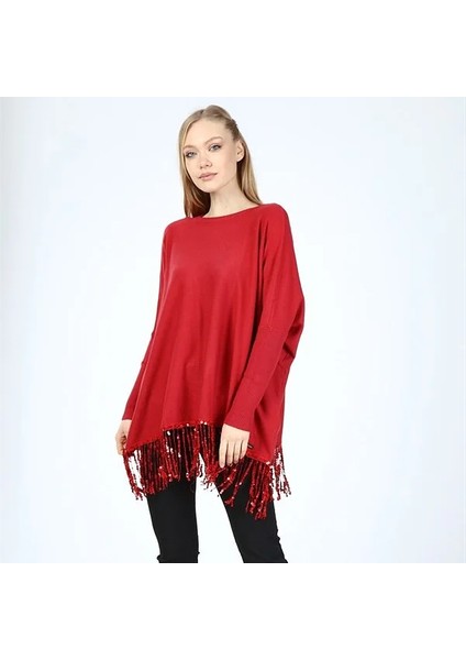 Kadın Böğürtlen Renk Pul Detaylı Yumuşak Dokulu Triko Tunik Bluz