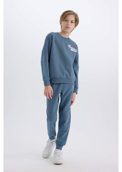 Erkek Çocuk 2'li Takım Bisiklet Yaka Baskılı Sweatshirt Beli Lastikli Eşofman Altı D3564A824WN