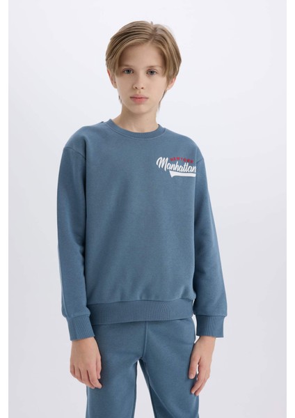Erkek Çocuk 2'li Takım Bisiklet Yaka Baskılı Sweatshirt Beli Lastikli Eşofman Altı D3564A824WN