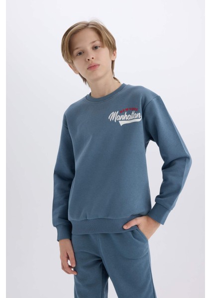 Erkek Çocuk 2'li Takım Bisiklet Yaka Baskılı Sweatshirt Beli Lastikli Eşofman Altı D3564A824WN