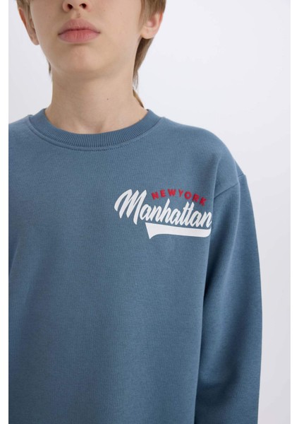 Erkek Çocuk 2'li Takım Bisiklet Yaka Baskılı Sweatshirt Beli Lastikli Eşofman Altı D3564A824WN