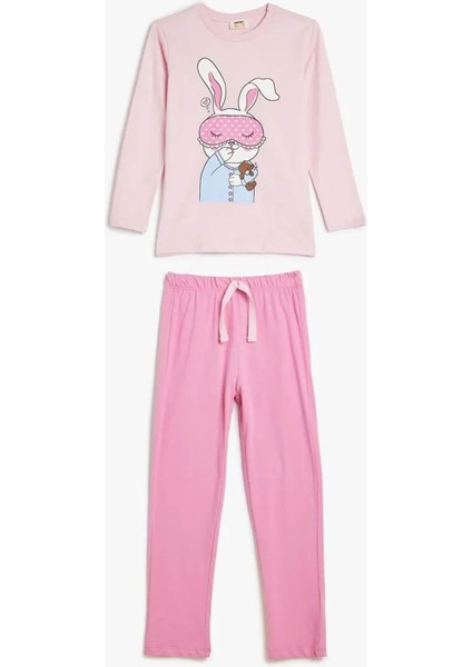 Tavşan Baskılı Uzun Kollu Pamuklu Pembe Kız Çocuk Pijama Takımı 5WLK40017MK