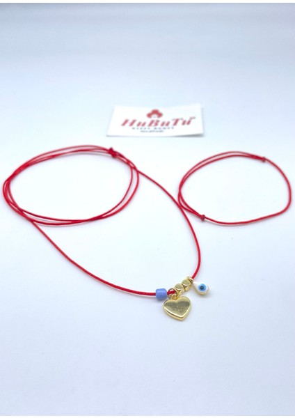 Minimal Nazar Boncuklu Sevgi Kırmızı Ip Bileklik ve Kolye Seti