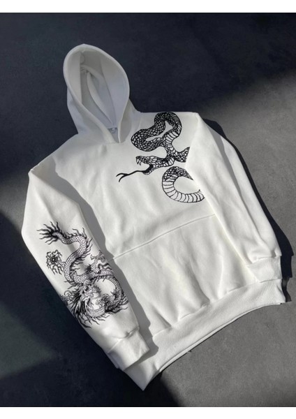 Kapüşonlu Yılan Baskılı Sweatshirt