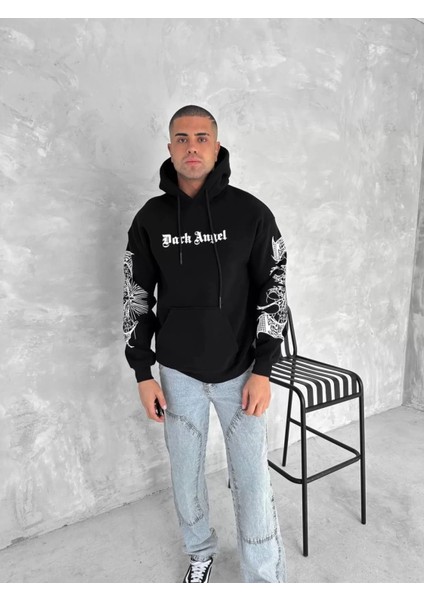 Kapüşonlu Melek Kanadı ve Iskelet Baskılı Sweatshirt