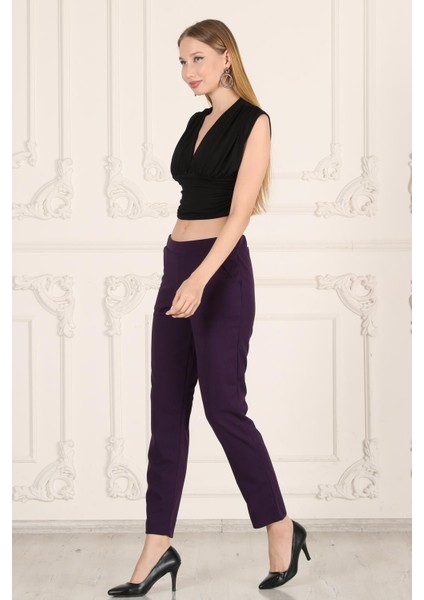 Beli Lastikli Cepli Krep Skuba Havuç Kesim Pantalon-Mor fiyatları