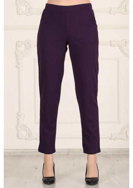 Beli Lastikli Cepli Krep Skuba Havuç Kesim Pantalon-Mor modelleri