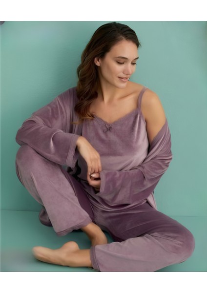 Wel Soft Kadife 3 Lü Sabahlıklı Pijama Takım