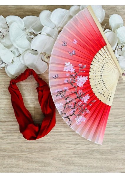 - Yelpaze Kırmızı Vintage Tasarım Paraşüt Bandana Seti