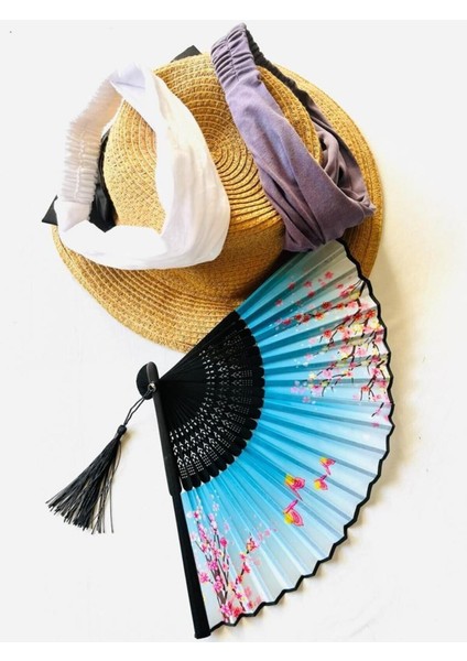 - Bambu Yelpaze Kiraz Çiçeği Desenli ve 2 Paraşüt Bandana