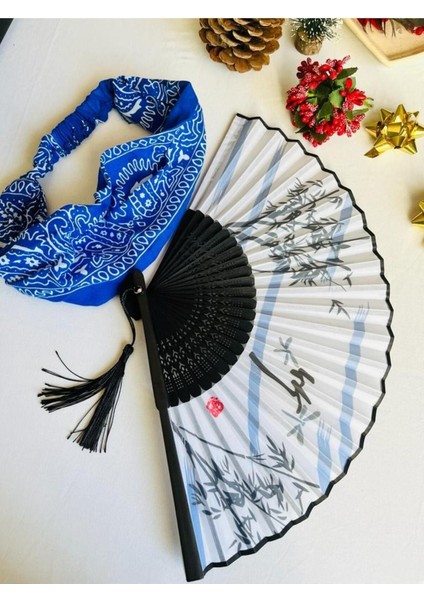 - Mavi Desenli Şık Yelpaze Özel Hediye Kutusu İle