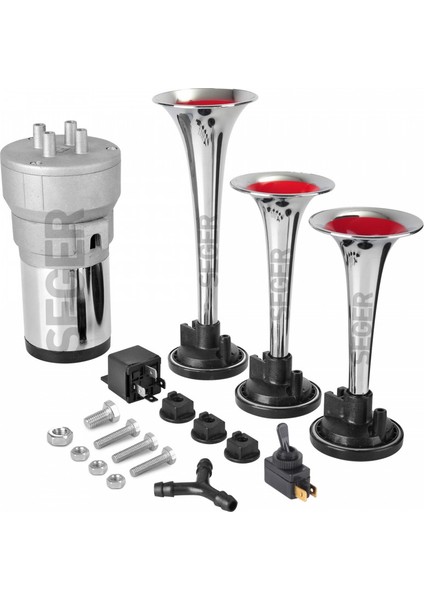 Seger Kompresörlü Korna 12V, Kırmızı Renkli Plastik Borulu Melodili