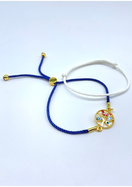2'li Yılbaşı Hediyelik Minimal Şans ve Nazar Lacivert Beyaz İp Bileklik Seti
