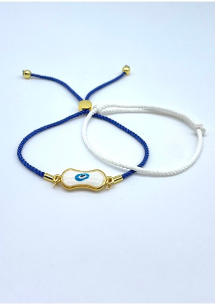2'li Yılbaşı Hediyelik Minimal Şans ve Nazar Lacivert Beyaz İp Bileklik Seti