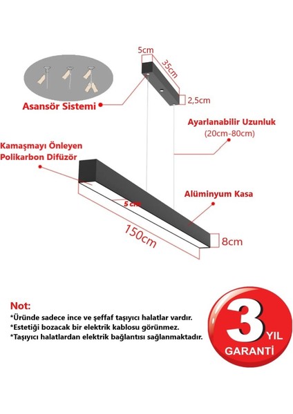 Lineer 150CM Siyah Kasa Gün Işık (sarı) 3000K Ledli Sarkıt Modern LED Avize, Salon, Mutfak, Masa Üstü Avize Aydınlatma