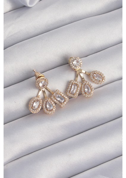 Pirinç Gold Renk Zirkon Taşlı Geometrik Model Küpe - TJ-BKP9210