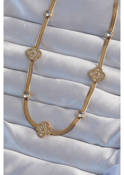 316L Çelik Italyan Zincirli Gold Renk Zirkon Taşlı Yonca Model Kolye - TJ-BKO8989