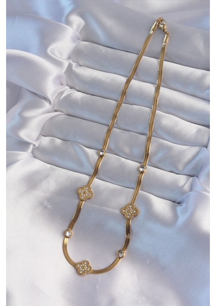 316L Çelik Italyan Zincirli Gold Renk Zirkon Taşlı Yonca Model Kolye - TJ-BKO8989