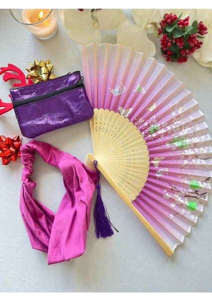 - Şık Yelpaze,Mor Deri Cüzdan, Fuşya Penye Paraşüt Bandana modelleri
