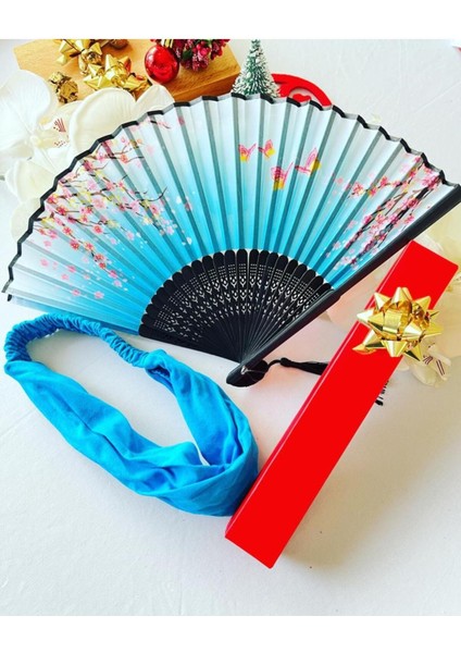 - Mavi Desenli Şık Yelpaze Parlak Paraşüt Bandana Özel Hediye Kutusu Ile