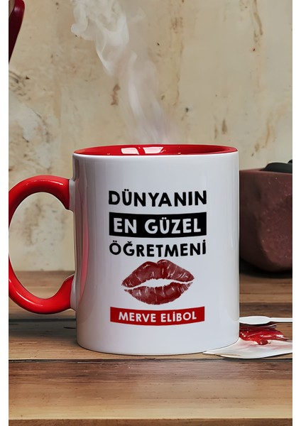 Kişiye Özel Dünyanın En Güzel Öğretmeni Kupa Bardak Kırmızı Öğretmenler Günü Hediyesi