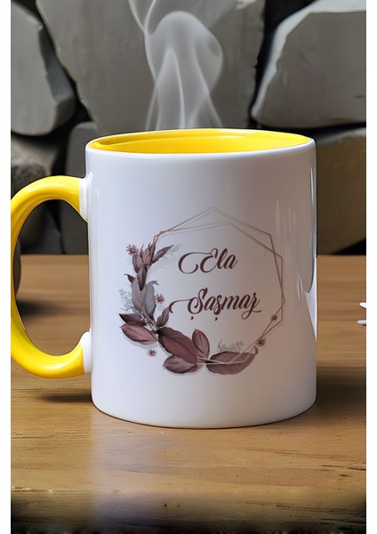 Kişiye Özel Çiçek Tasarımlı Isme Özel Kupa Bardak Sarı Isim Soyisim Yazılı indirimleri