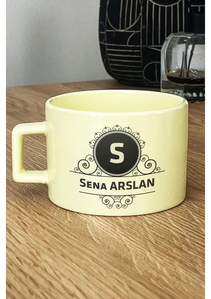 Kişiye Özel Baş Harf Isim Soyisim Yazılı Pastel Fincan Sarı Doğum Günü Hediyesi