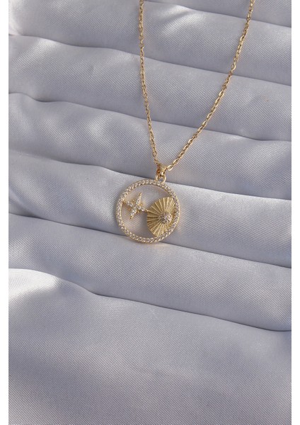 316L Çelik Zincir Gold Renk Zirkon Taşlı Yıldız Figürlü Oval Kolye - TJ-BKO9023
