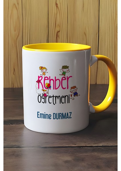 Kişiye Özel Rehber Öğretmeni Kupa Bardak Sarı Isme Özel Öğretmenler Günü Hediyeleri