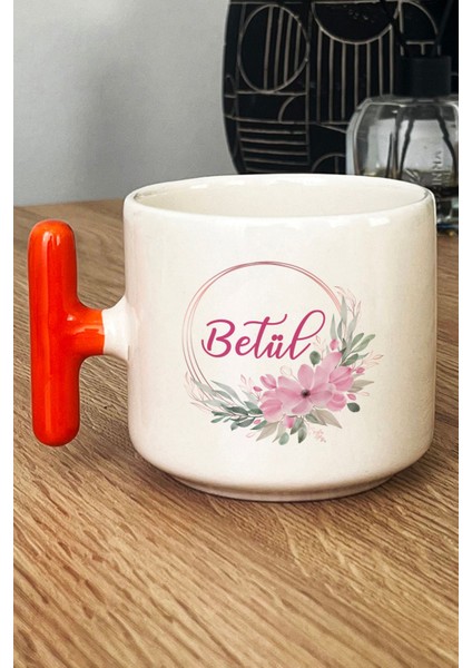 Kişiye Özel Doğum Günü Hediyesi Kupa Bardak T Kulplu Turuncu Isim Yazılı