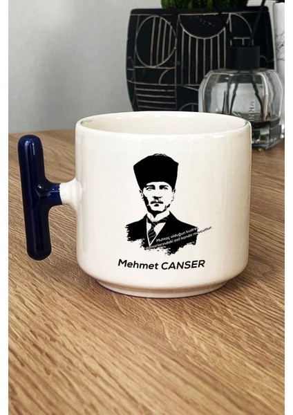 Kişiye Özel Atatürk Asil Kan Kupa Bardak T Kulplu Lacivert Öğretmenler Günü Hediyesi