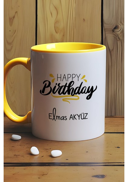 Kişiye Özel Happy Birthday Kupa Bardak Sarı Arkadaşa Kardeşe Ablaya Doğum Günü Hediyesi